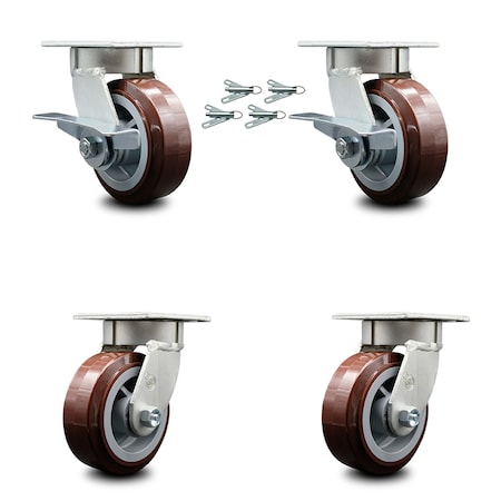 Service Caster 5 Inch Kingpinless Poly on Polyolefin Wheel Caster Swivel Locks 2 Brakes, 4PK SCC-KP30S520-PPUR-SLB-BSL-2-BSL-2